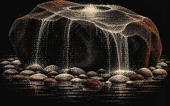 Dithered illustration of water flowing over a dark stone